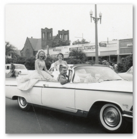 Maroon and White Parade. L to R Back seat, Virginia West, Frankie Powell  Front R  Don Hires class of 59.   